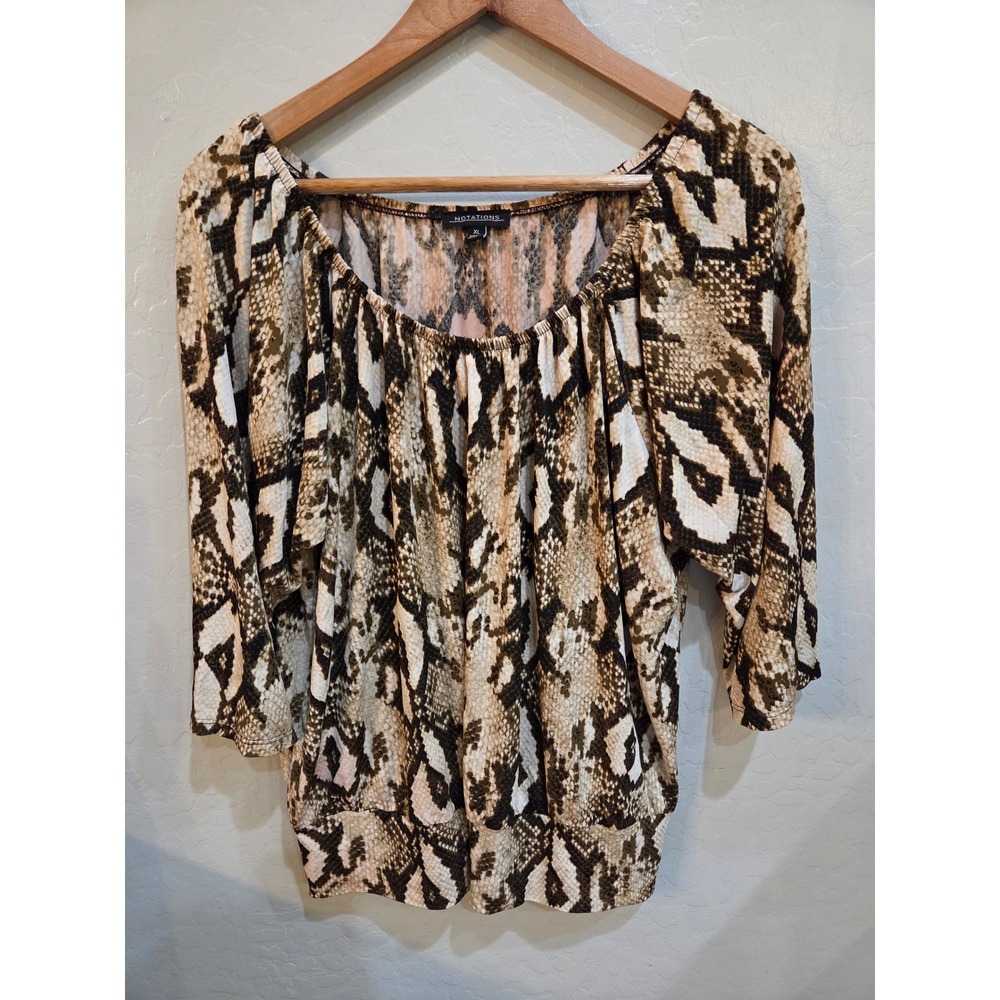 Notations Womans XL Snakeskin Print Blouse Brown Tan Scoop Neck 3/4 Sleeve Top